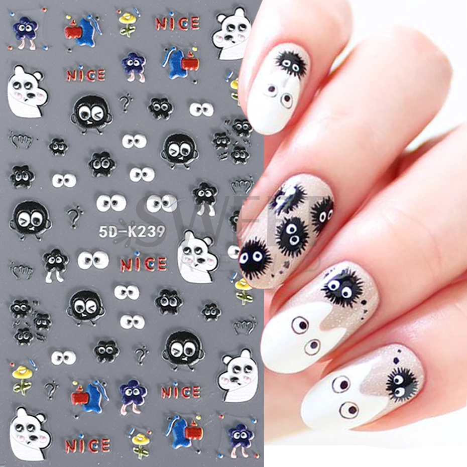 5D Black Briquettes Nail Stickers Embossed Cartoon Polar Bear Letter Kawaii Manicure Sliders Engraved Tips Nail Decoration JI5D