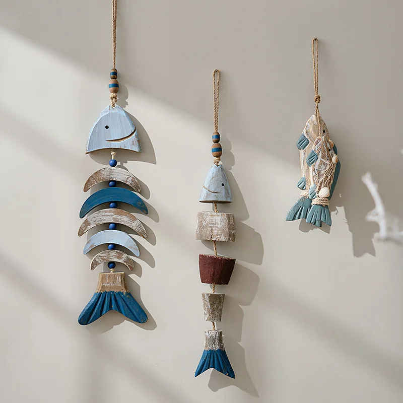 1Pcs Vintage Mediterranean Style Wooden Fish Skewers Pendant Nordic Homestay Wall Crafts Hanging Ornament Ocean Style Home Decor