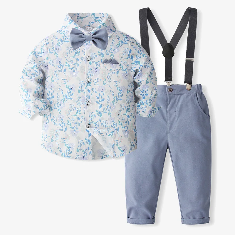 Boys Casual Strap Gentleman's Dress Set Comfortable Long Sleeve Leaf Pattern Button with Bow Tie Pants Newborns Party Suits 2PCS