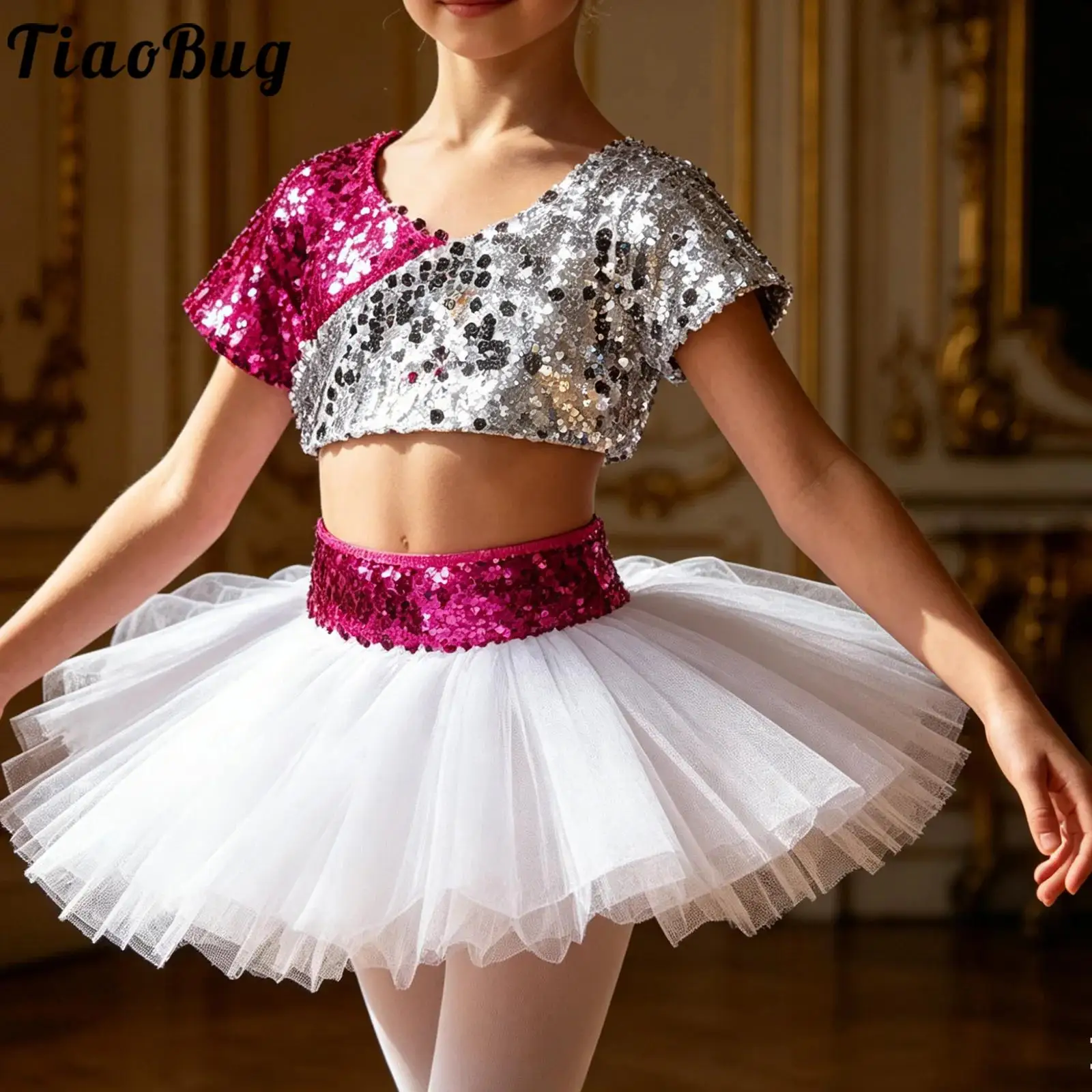Girls Ballet Jazz Dance Outfit Short Sleeve Sequin Crop Top with Tulle Tutu Skirt Cheerleading Ballroom Salsa Modern Dancewear