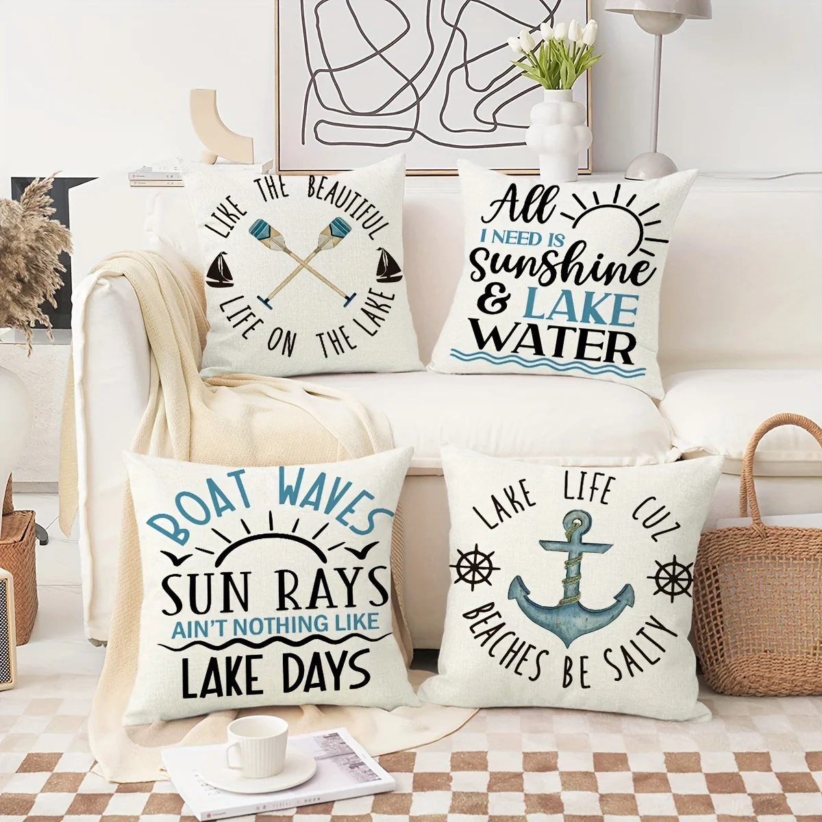 4 Pack 18x18 Inch Lakeside Holiday Hug Pillow Covers - Mid-Century Modern Farmhouse Lake House Style Decorative Cushion Covers