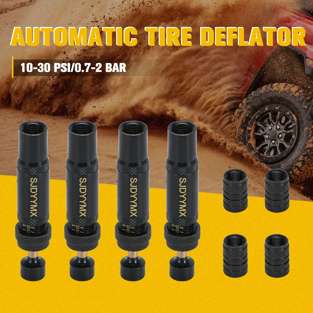 Auto-Stop Tire Deflator Valve Kit (10-30 PSI) 4 PCS Screw-on Tyre Air Down Tool Vehicles Motorcycle Offroad 4x4 Tire Tools Set