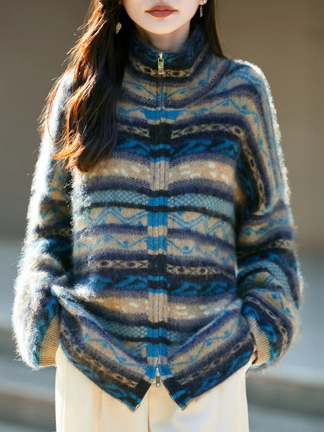 Thickened Knitted Cardigan Women's Autumn Winter New Loose Double Zipper Stand Collar Knitwear Color Block Striped Fair Isle ...