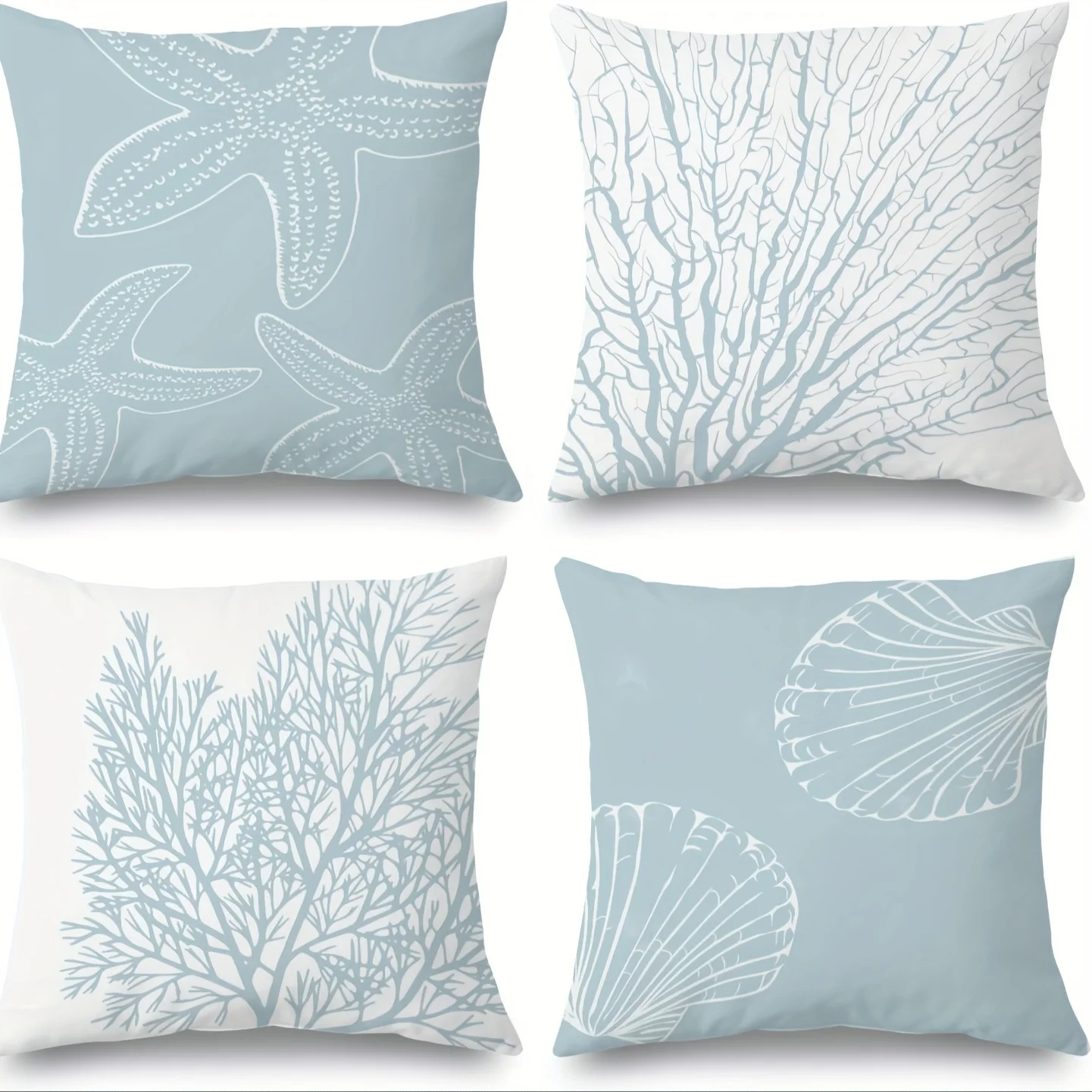 Juego  4 fundas  almohada estilo costa azul claro con estampado  conchas, estrellas  mar y coral para coración  vera