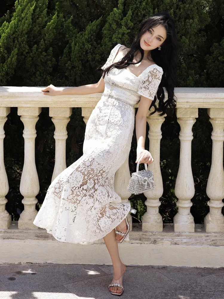 Ele Autunno New SP Home Diamante Impreziosito Nodo Colletto Quadrato Vita Cinched Lace Fi Tail Dr