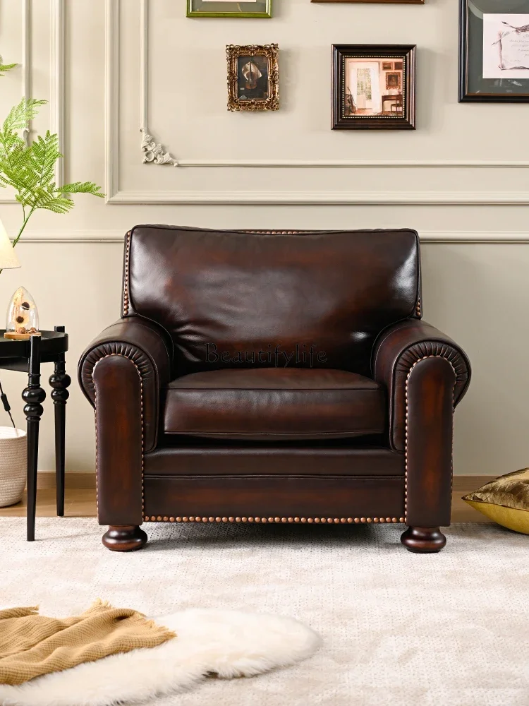 2 yj15 American Style Genuine Leather Sofa Top Layer Full Genuine Oil Wax Leather Solid Wood Living Room Four-Seater Straight