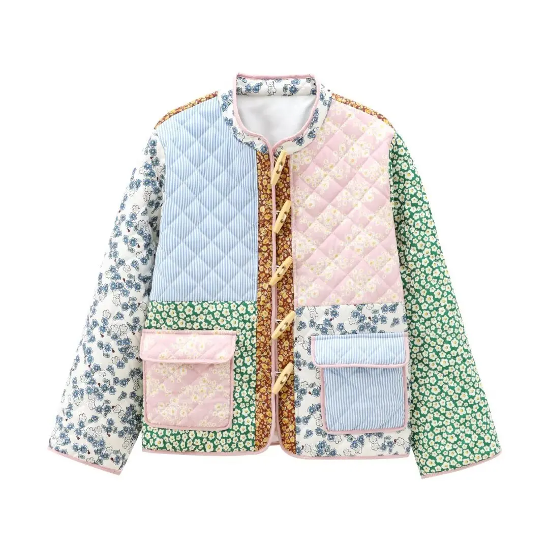 

Vintage Cotton-padded Clothes Jacket Retro Floral Printing Patchwork Winter Warm Coat Casual Women Long Sleeves Lady Streetwear