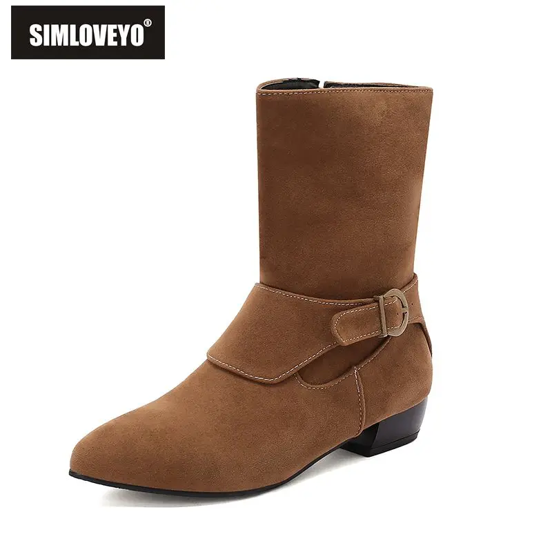 

SIMLOVEYO брендовые замшевые женские ботинки до середины икры из флока с острым носком на массивном каблуке 3 см, на молнии и пряжках, большие размеры 46-48, зеленый осень