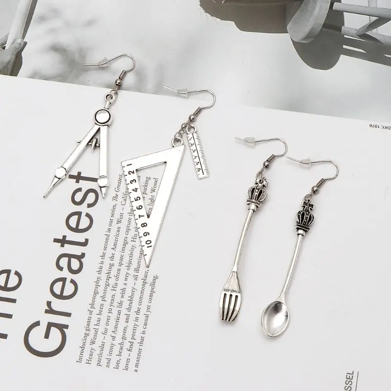 Harajuku Spoon Fork Stud Earrings for Triangle Ruler Asymmetric Earrings All-match Surprise Gift for Unisex Women Men