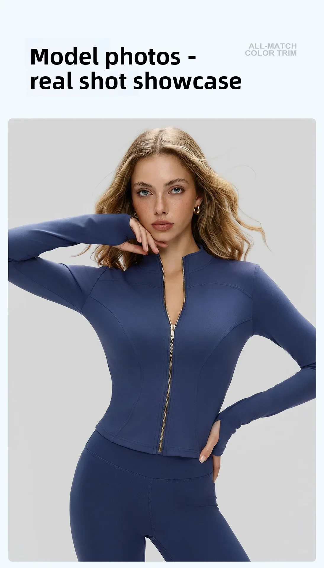 Damen Herbst-Sportjacke mit Stehkragen, Goldreißverschluss, Yoga-Oberteil, Figurbetont, Schlanke Passform, Damenjacke für Radfahren – Detail 10