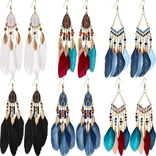 

6 Pairs Vintage Colorful Feather Tassel Drop Earrings Bohemian Bead Teardrop Shape Dangle Earrings for Women Vacation Gift Set