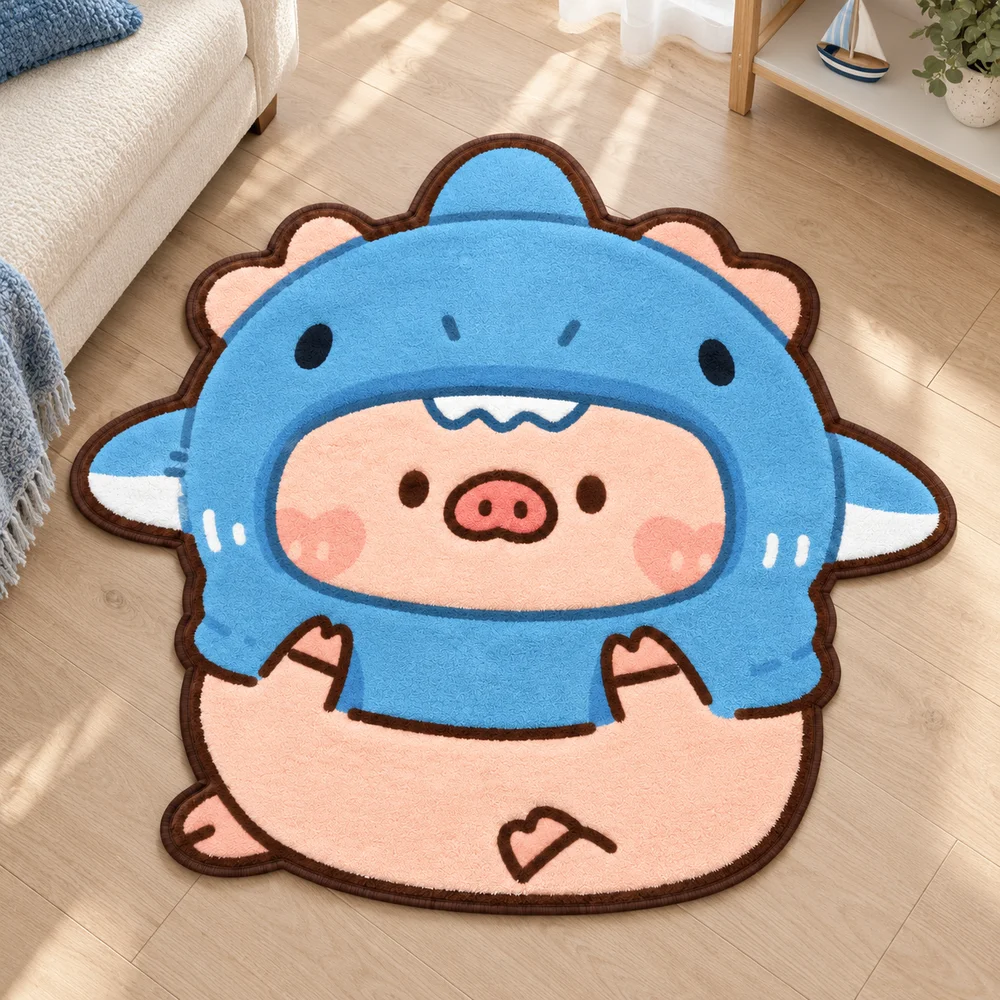Cute Dinosaur Costume L-Lulu Pig Shaped Rug, Creative Indoor Irregular Flannel Area Floor Mat for Bedroom Living Room Home Decor