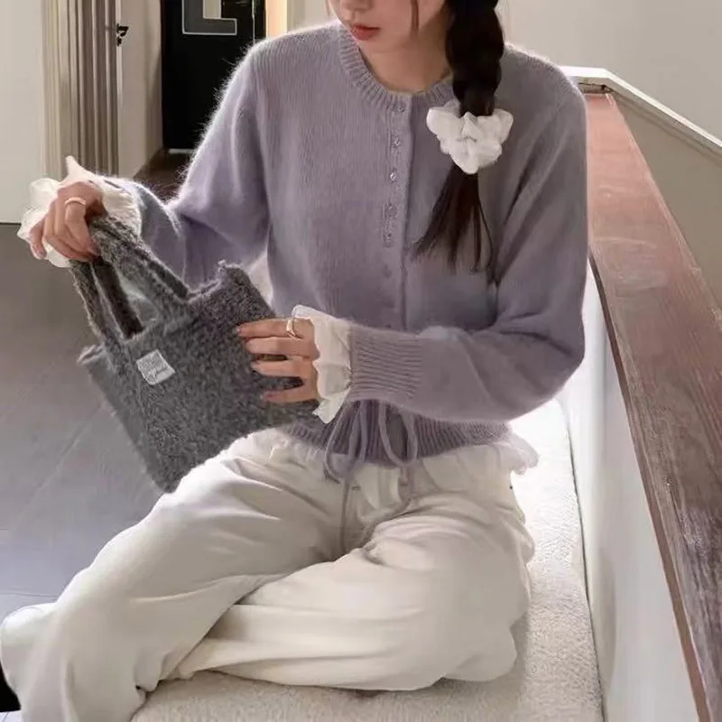 Lace patchwork Lace Up Sweater Korean Sweet Fake Two-piece O-neck Top Spring Autumn New Long Sleeved Knitted Cardigan For Women