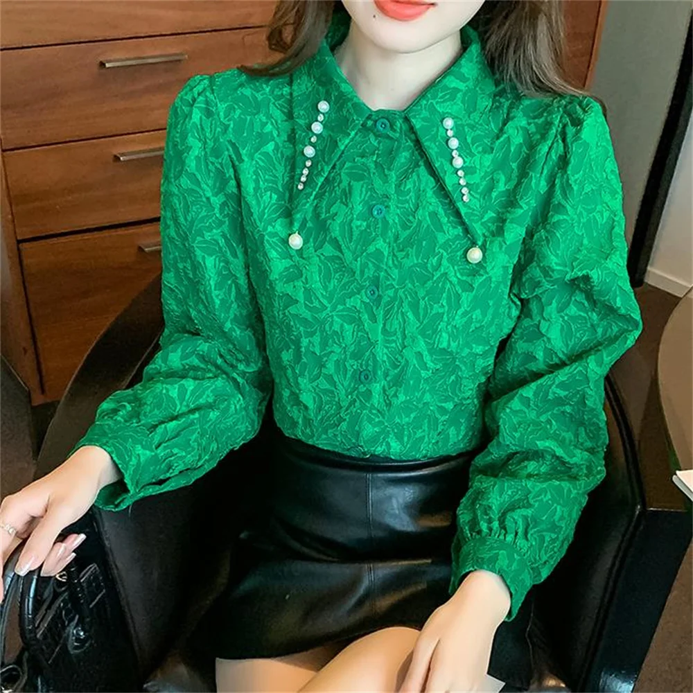 

New beaded polo neck puff sleeve jacquard shirt women elegant top