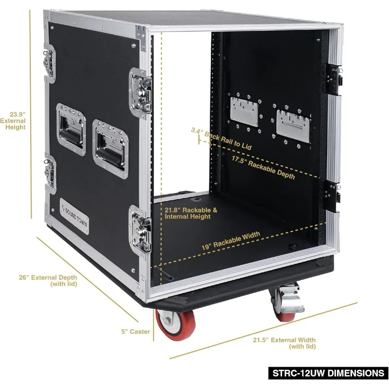 Town 12U PA/DJ Rack/Carretera, 12 Espacio, con 21” de Profundidad Rackable, Ruedas, Compensación, Esquinas de bolas de metal - Grado Pro Tour (S