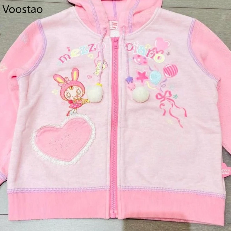 Japanese Sweet Lolita Style Zipper Hoodies Women Kawaii Cartoon Embroidery Bunny Hooded Sweatshirt Autumn Winter Warm Coat Tops