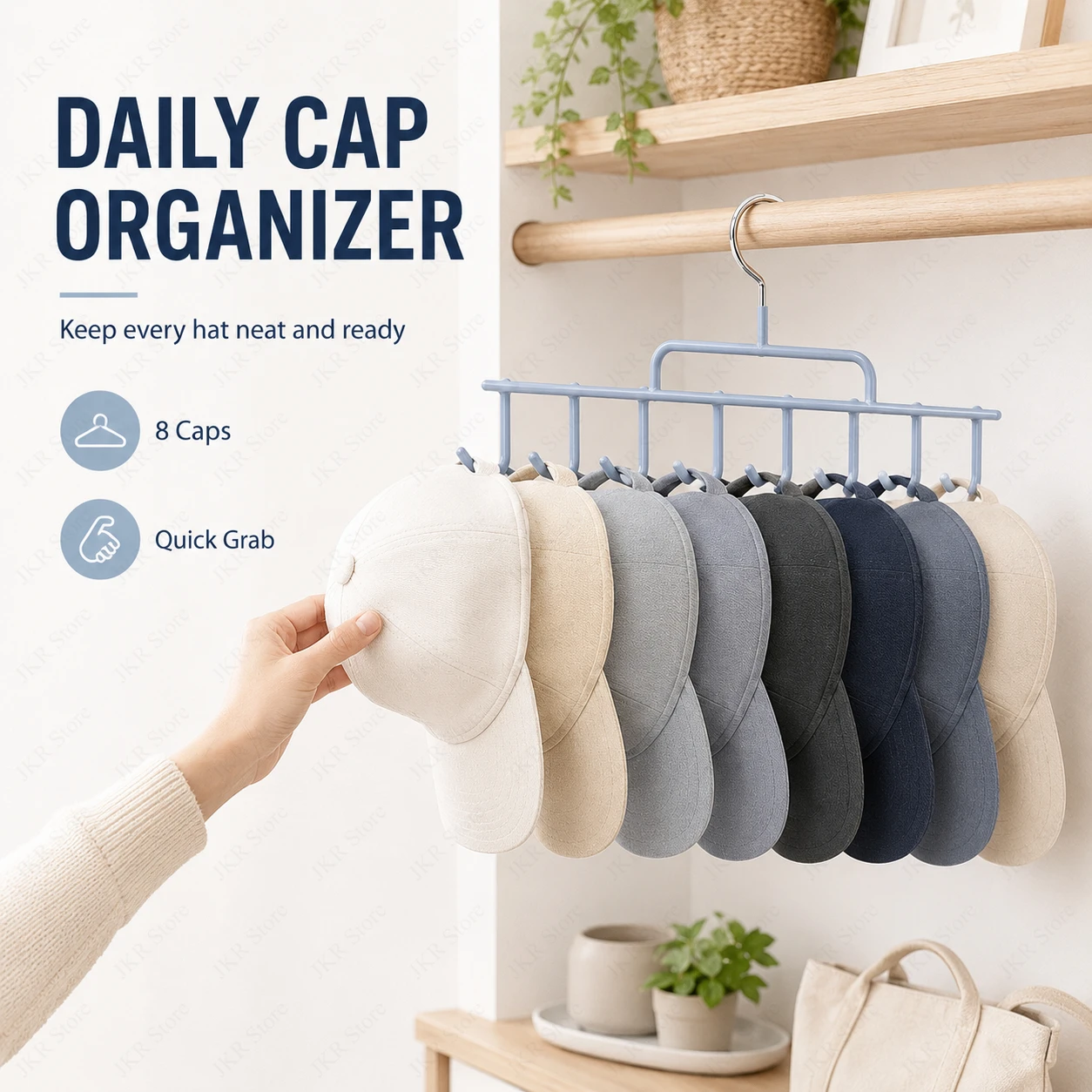 Wall Hat Rack with Hanging Hooks Cap Organizer Holder for 8 Tall Baseball Caps Dorm Closet Bedroom Storage Display Daily Use view 3