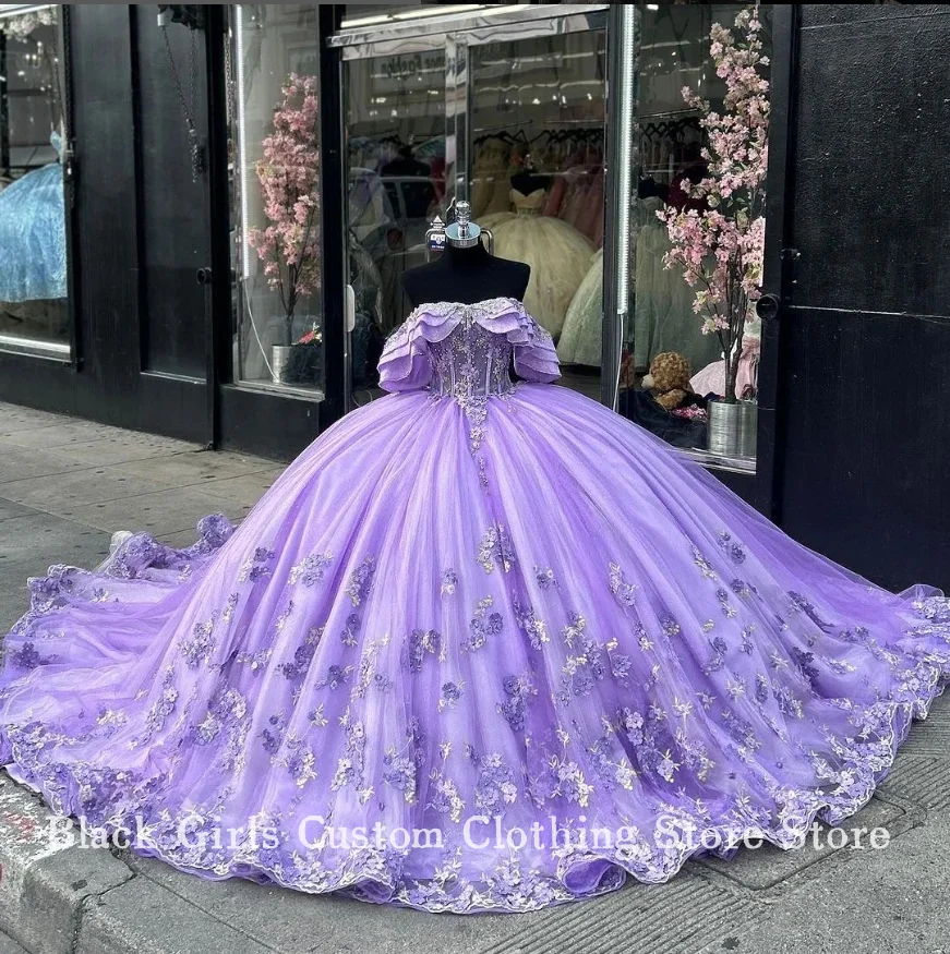 Princess Lilac Purple 15 Quinceanera  Gowns Noble Strapless Tutu Floral Applique Boned Corset 16 Dress Large Hem Customised Gown