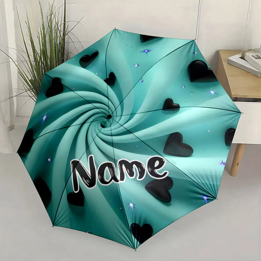 Custom Name Umbrella,Turquoise Swirl Black Heart Sparkle Art Print Folding Umbrella for Sunny and Rainy, Birthday Gift