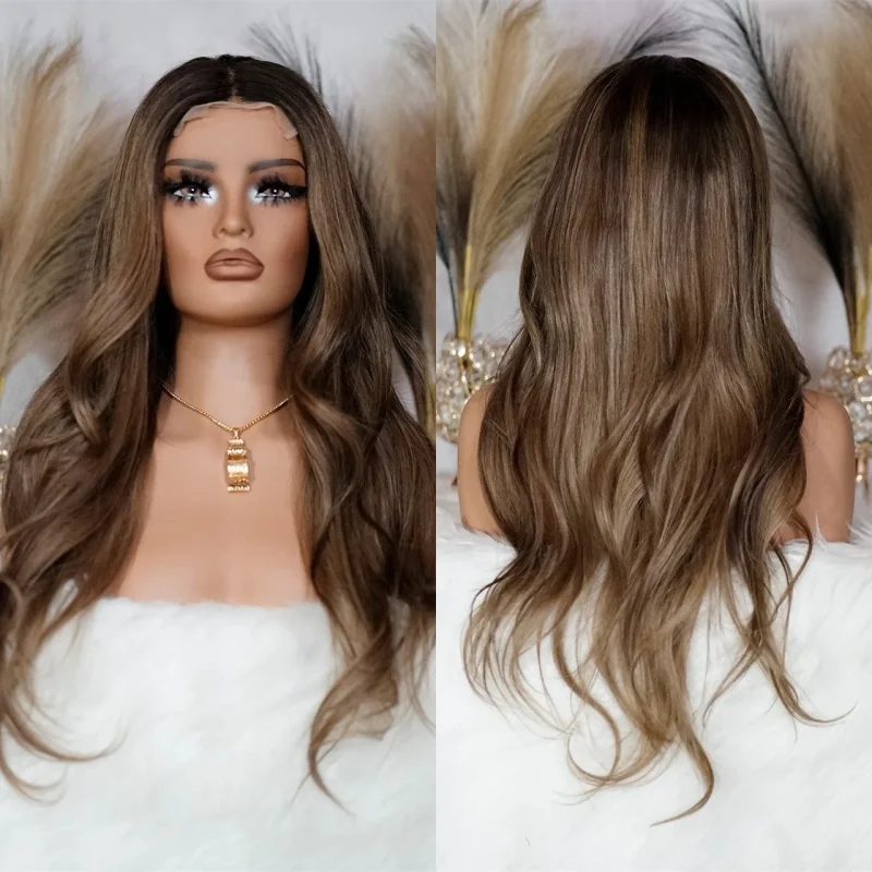 

Парик из синтетических волос с эффектом балаяж и омбре, коричневые пряди, натуральные длинные волны, предварительно проработанная линия роста волос, хорошее качество, 28 дюймов