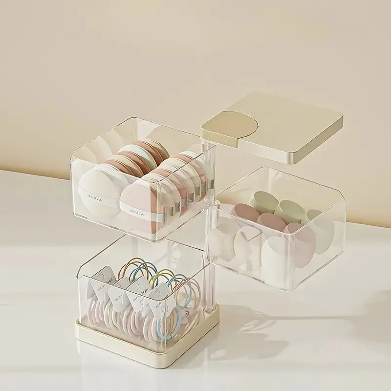 1pc Dustproof Rotating Makeup Organizer Box with Plastic Powder Puff Holder, Multi-Layer Air Cushion & Brush Shelf, Desktop Cosm