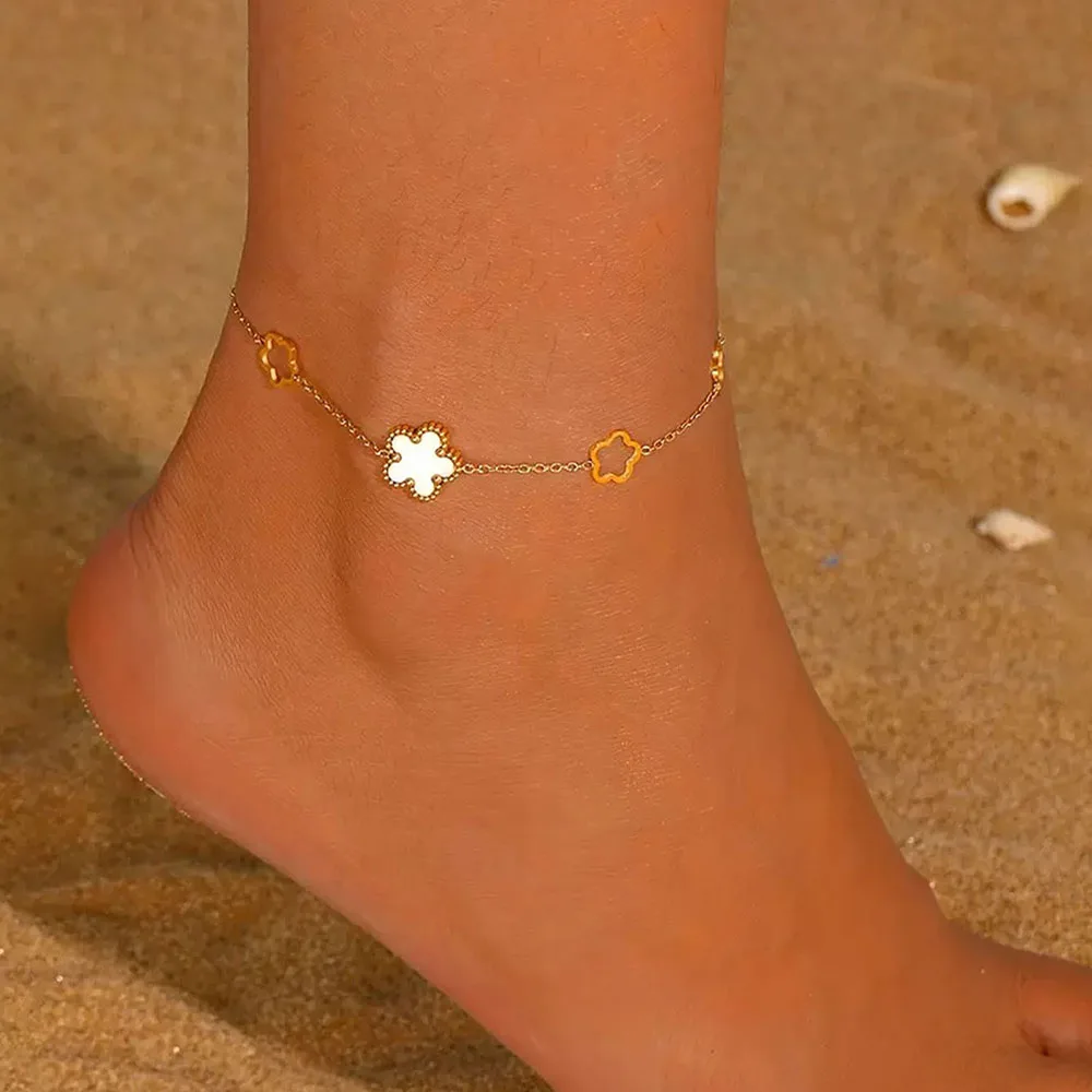 1 قطعة الحد الأدنى تكويم لامع ريترو حفلة محظوظ البرسيم سحر مع قذيفة أنيقة زهرة 14K مطلية بالذهب خلخال للنساء #1