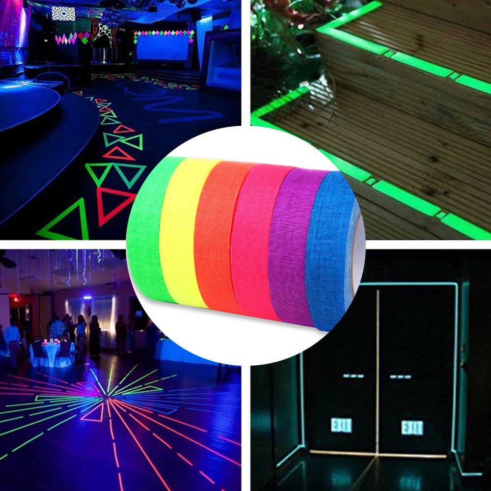 5Meter 6 Colors Neon Gaffer Cloth Tape Fluorescent Rainbow Color Party Non-Reflective Glow in The Dark Tape Under UV Black Light