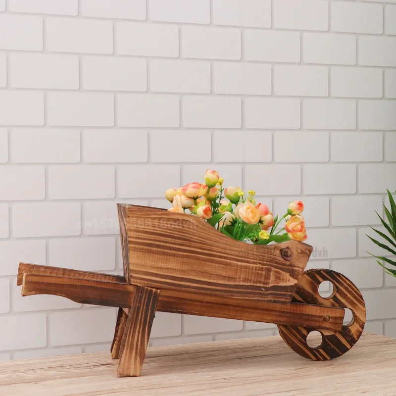 

1pc Wooden Cart Flowerpot Creative Fleshy Succulent Pot Garden Decals Ornamental Wheelbarrow Planter for Home Office Shop Window