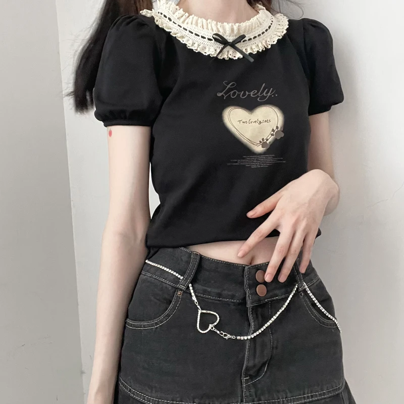 

Japanese Lolita Kawaii Cat Paw Graphic T Shirts Girls Crop Top Summer 2022 Womeno Korean Puff Short Sleeve Lace Collar Tee Shirt