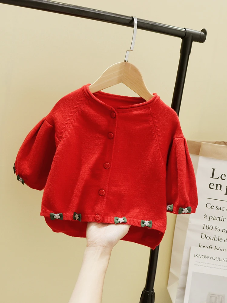 Baby Girl Baby Sweater Cardigan Solid Color O-Neck Soft Glutinous Knitted Coat 2024 New Autumn Fashionable Children's Clothing