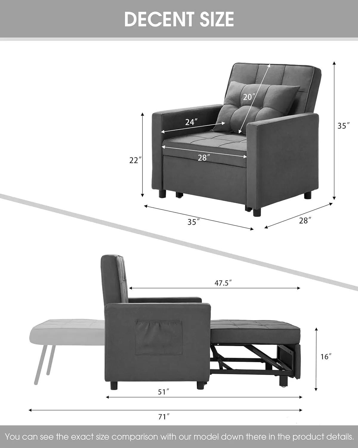 [Updated Convertible Chair Bed, Sleeper Chair Bed 3 in 1, Stepless Adjustable Backrest, Armchair, Sofa, Bed, Fleece, Da