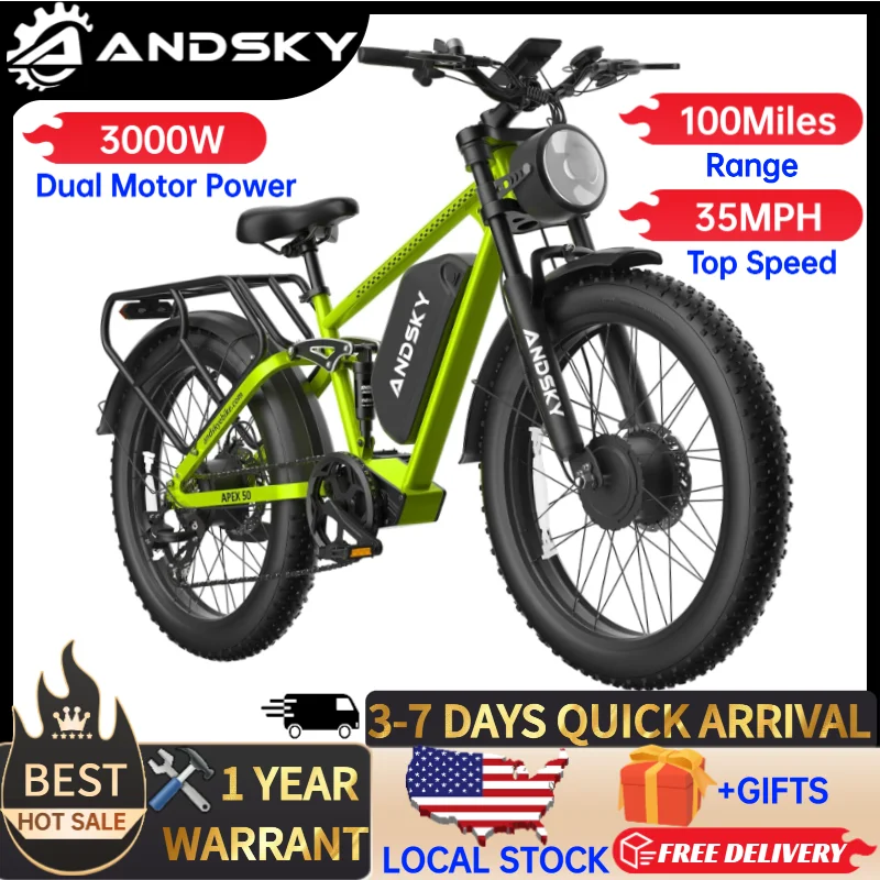 ANDSKY Apex50 AWD Electric Bike 3000W Dual Motor All-Wheel Drive 35MPH 26x4 Fat Tire E-Bike for Adults 52V/48V 25Ah Battery 100 Miles Range Full Suspension 7-Speed Gears City Commuter