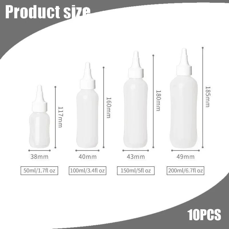 10pcs 50-200ml Empty Plastic Squeeze Bottles with Pointed Mouth Refillable Bottles Kitchen Soy Sauce Food Grade Liquid Dispenser