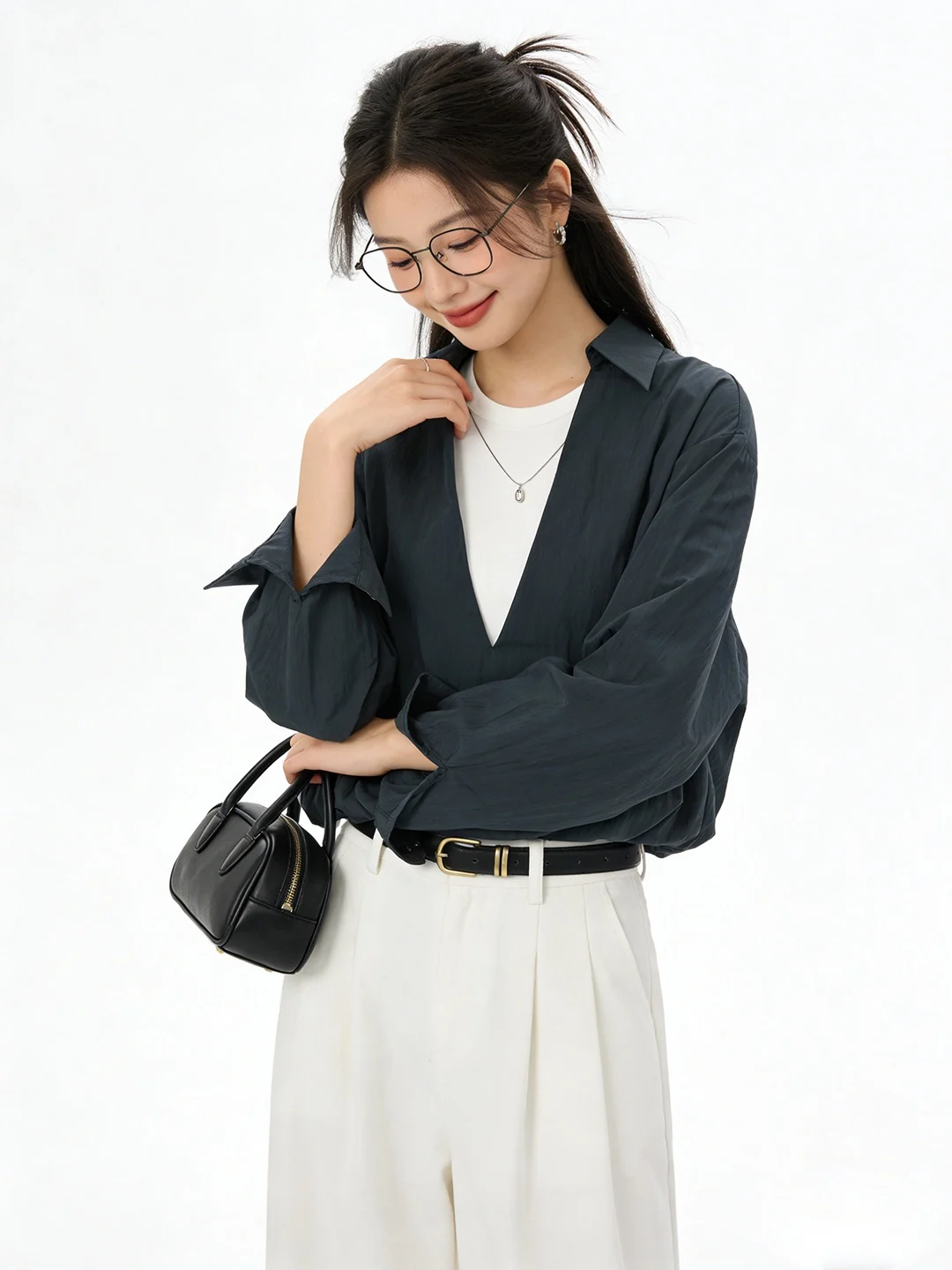 

Французский повседневный топ с V-образным вырезом, имитация двухслойности, молодежный свободный крой, дышащий, с коротким рукавом, женская блузка для весны