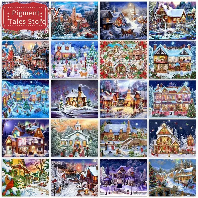 

1pc frameless Diy Painting By Numbers Kits For Adults Kids Christmas House Landscape Paint By Numbers Christmas Decoration