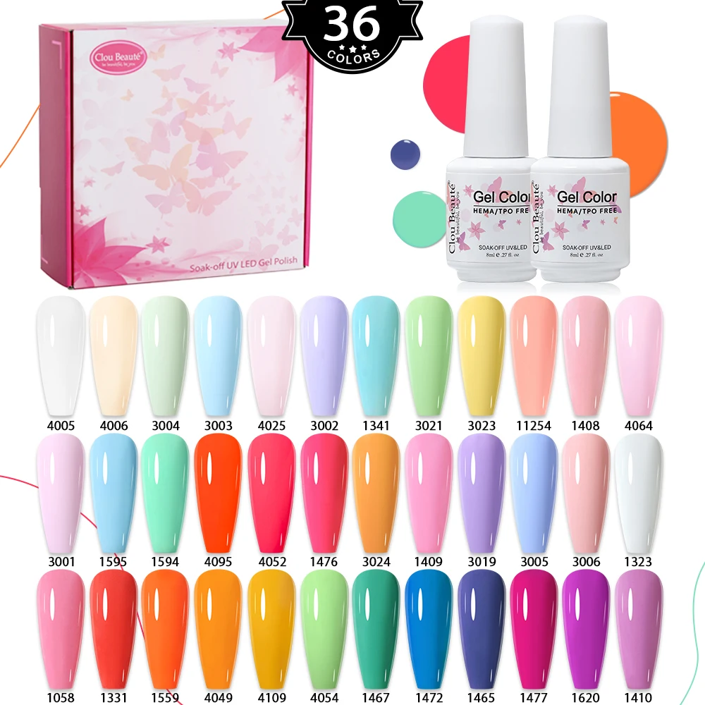 Clou Beaute 36 Bottles HEMA TPO FREE Pastal Color Gel Polish Kit Set 8ml UV LED Nails Semi Permanent Macaron Nail Art Gel