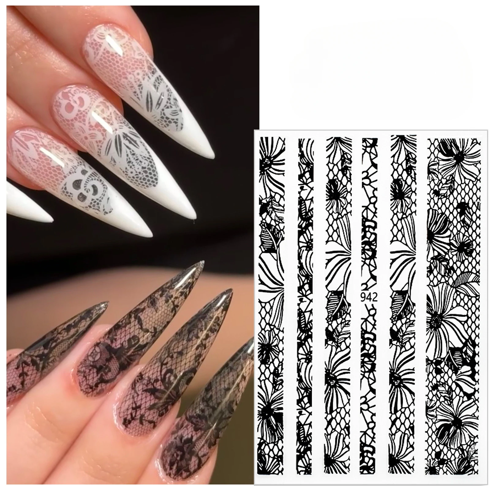 Black White Lace Nail Stickers Back Adhesive Waterproof Decals Manicure DIY Lace Decorations Accessories