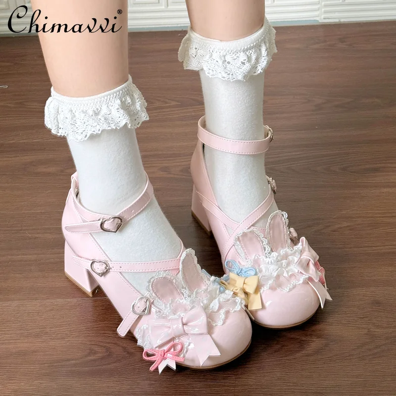 

Princess Sweet Bow Elegant Lo Shoes 2025 Autumn New Lolita Cute Bow Lace Versatile Girl Mary Jane High Heels Pumps Women