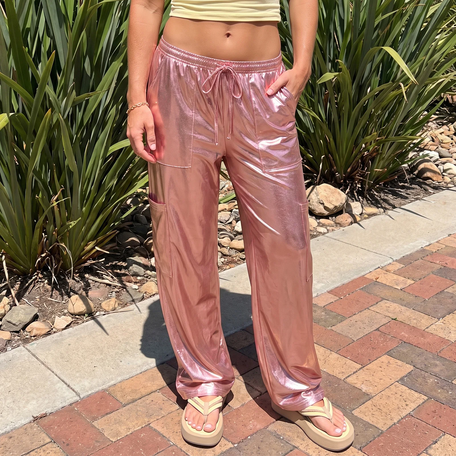 2027 Halloween party pants Women's Drawstring Pants Solid Color Elasticized Waistband Satin Trousers