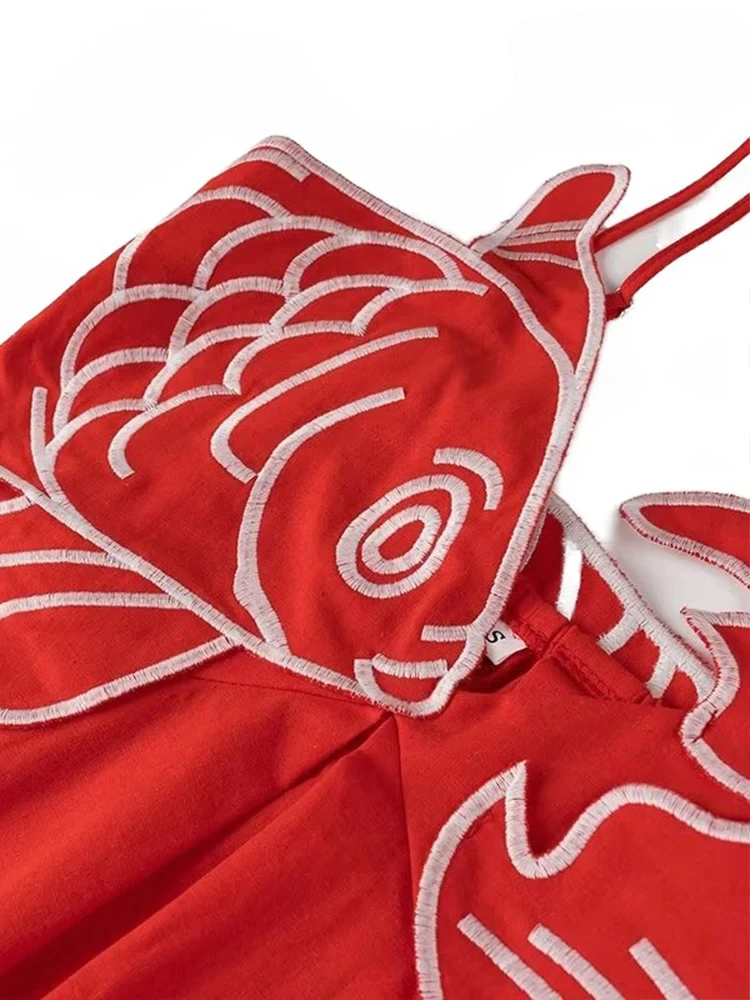 Women Fashion Simple Red Embroidery Halter Dress Long V-Neck Temperament Dress Elegant Koi Embroidery Decoration Dresses