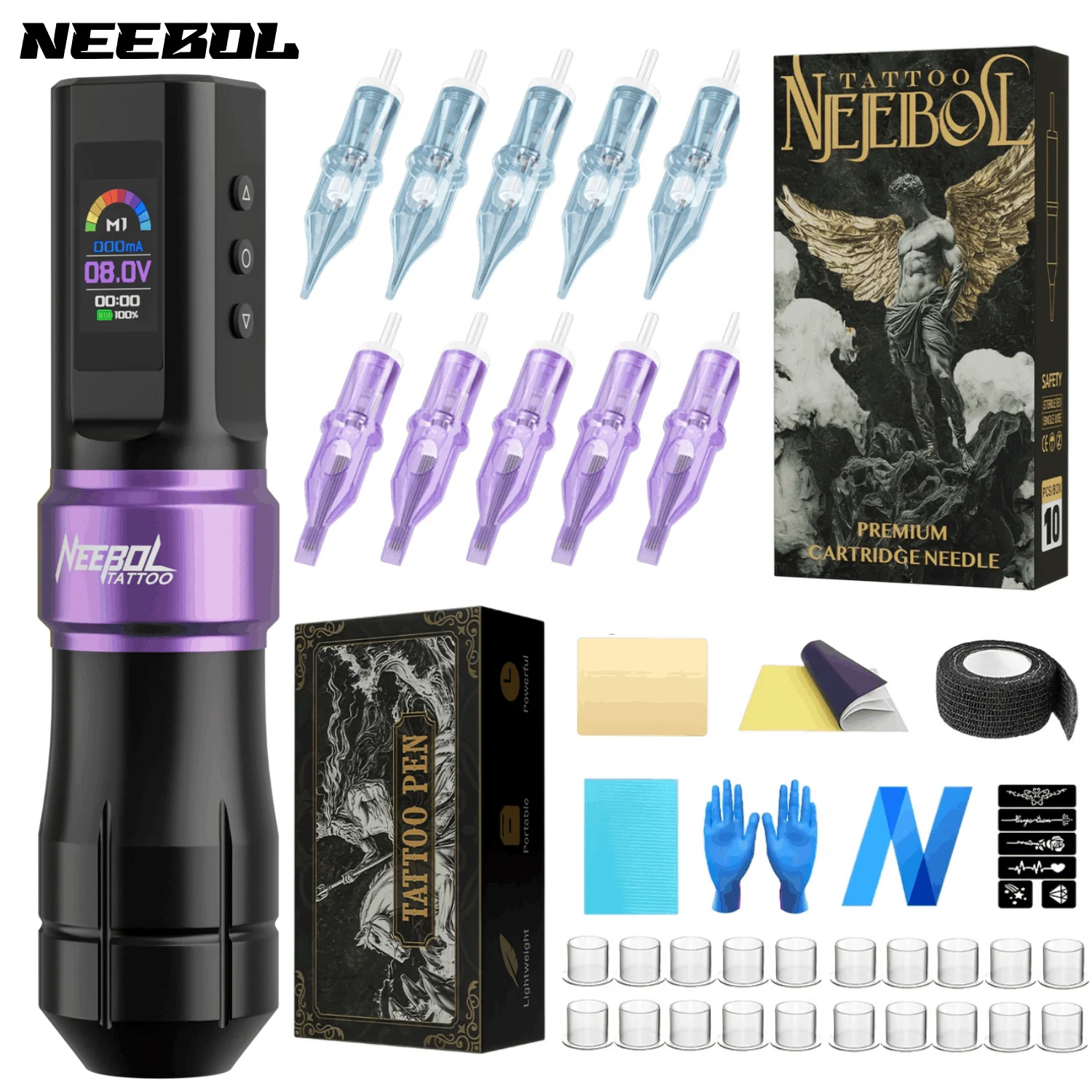 

Neebol CompleteWireless Tattoo Pen Kit 3 режима памяти оборудование для татуировки с цифровым дисплеем и аккумулятором 1600 мАч, праздничный подарок для татуировки