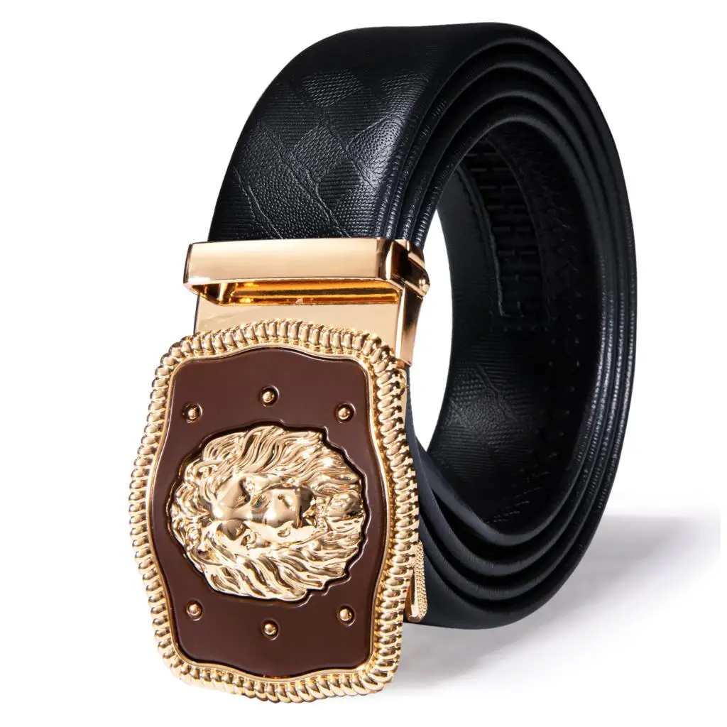 

Hi-Tie 2023 New Gold Brown Automatic Buckle Mens Belts Black Genuine Leather Ratchet Waist Belt For Men Dress Jean Wedding Party