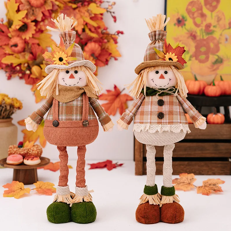 Sunflower and Maple Leaf Scarecrow Statues During Harvest Season, Expandable Vertical Dolls for Thanksgiving Home Decoration