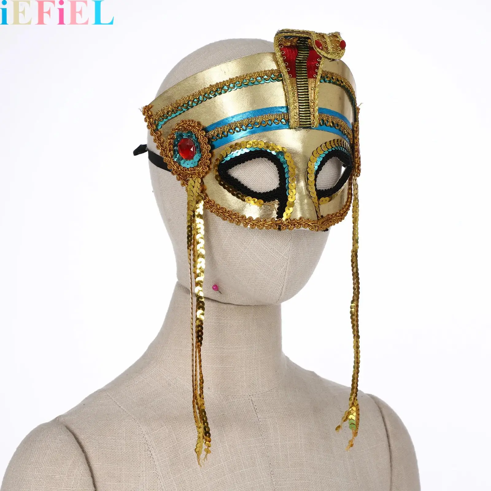 

Halloween Cosplay Cleopatra Pharaoh Egyptian Half Face Mask Snake Head Sequin Gold Webbing Egyptian Princess Mask Fancy Dress Up