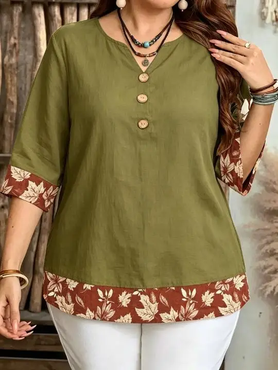 Women Solid Blouse With Floral Maple Leaf Contrast Cuff And Hem For Curvy Figures Notched Neck 3/4 Sleeve Loose Casual Tops