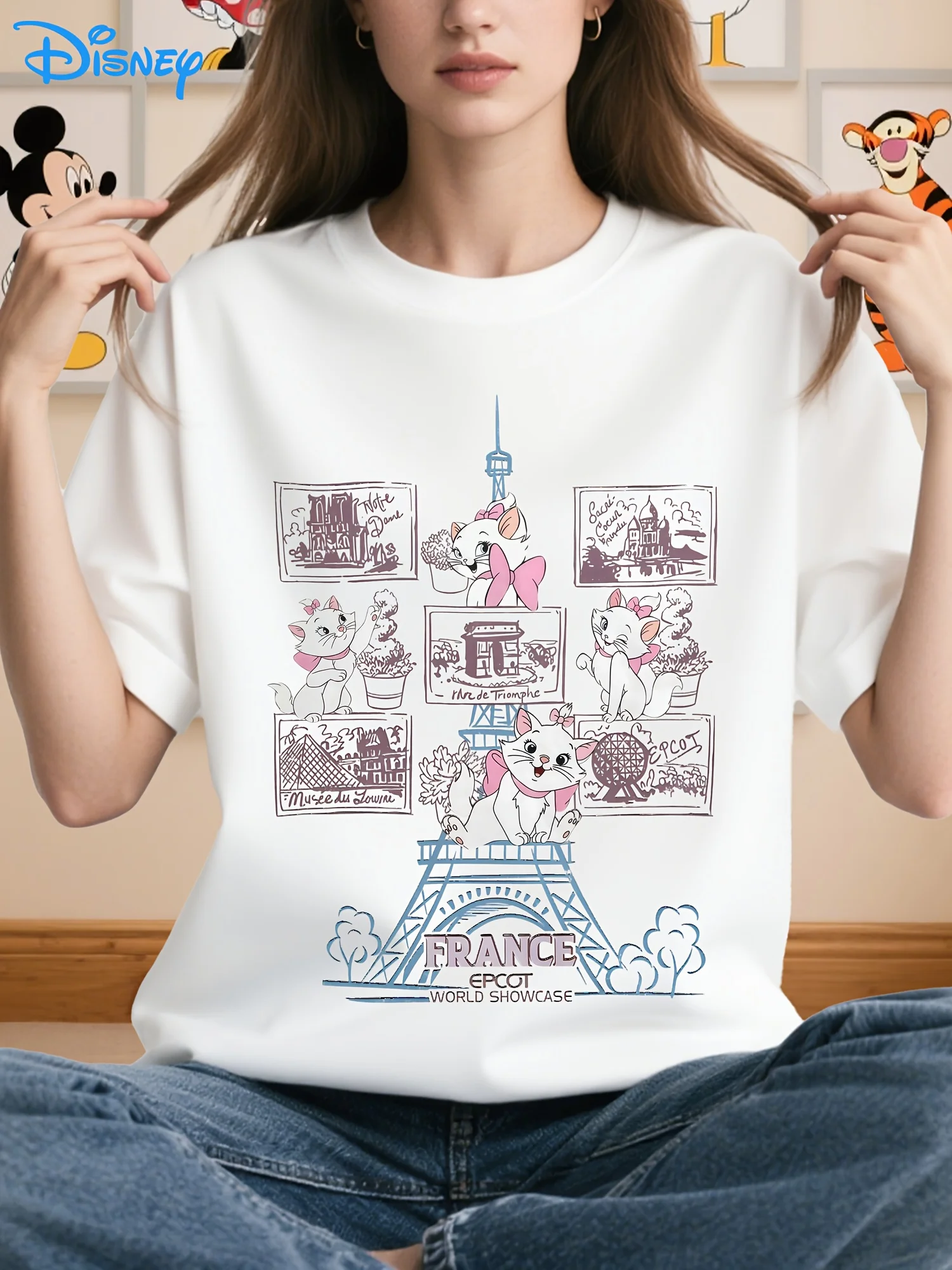 

Women's Disney Marie & Epcot France Pavilion T-Shirt - Oversized Short Sleeve Casual Top with Iconic French Landmarks