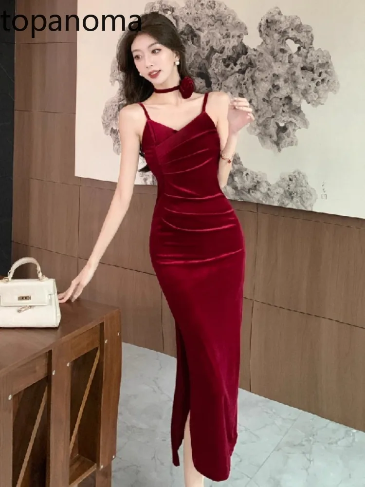 Topanoma Velvet Evening Dresses Women Sexy V Neck Backless Slim Sleeveless Temperament Wedding Party Dress Cocktail Ladies