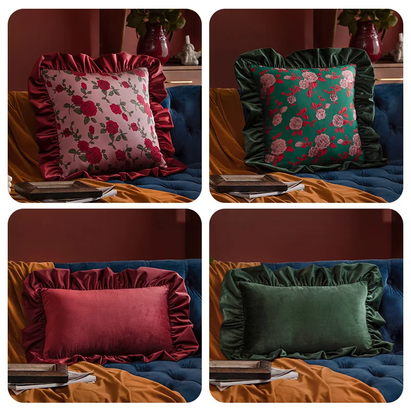 Vintage Rose Falbala Sofa Pillow,European Countryside Style Flower Sofa Cushion, High-end Light Luxury Bedside Decorative Pillow