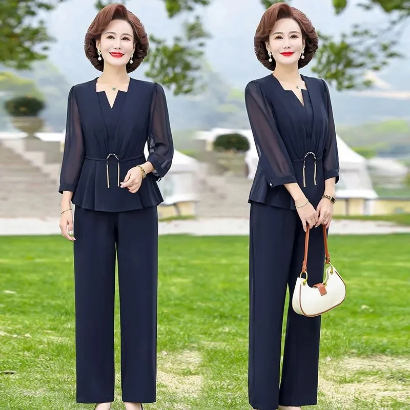 Mid Aged Mom Summer Suit Foreigner 2023 New Mid aged and Elderly Women Spring/Summer Thin Fashion High End Two Piece Set