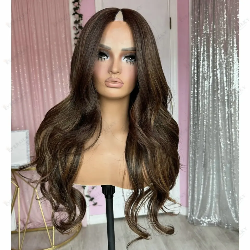 

Body Wave Chocalate Brown 1x4 Size U/V Part Wigs Human Hair for Women Honey Brown Hightlight Color Easy Daily Wear Glueless Wig